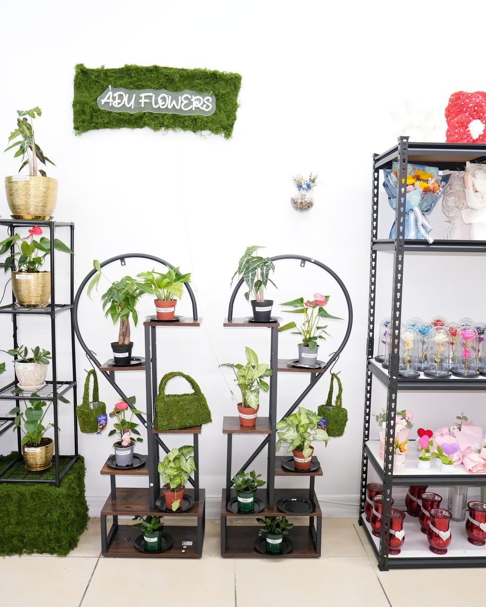 Inside The Adu House — plant wall and Adu Flowers sign